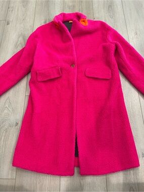 Villagallo Pink Teddy Coat Size 44 Hot Pink Sherpa Long Coat Statement Jacket